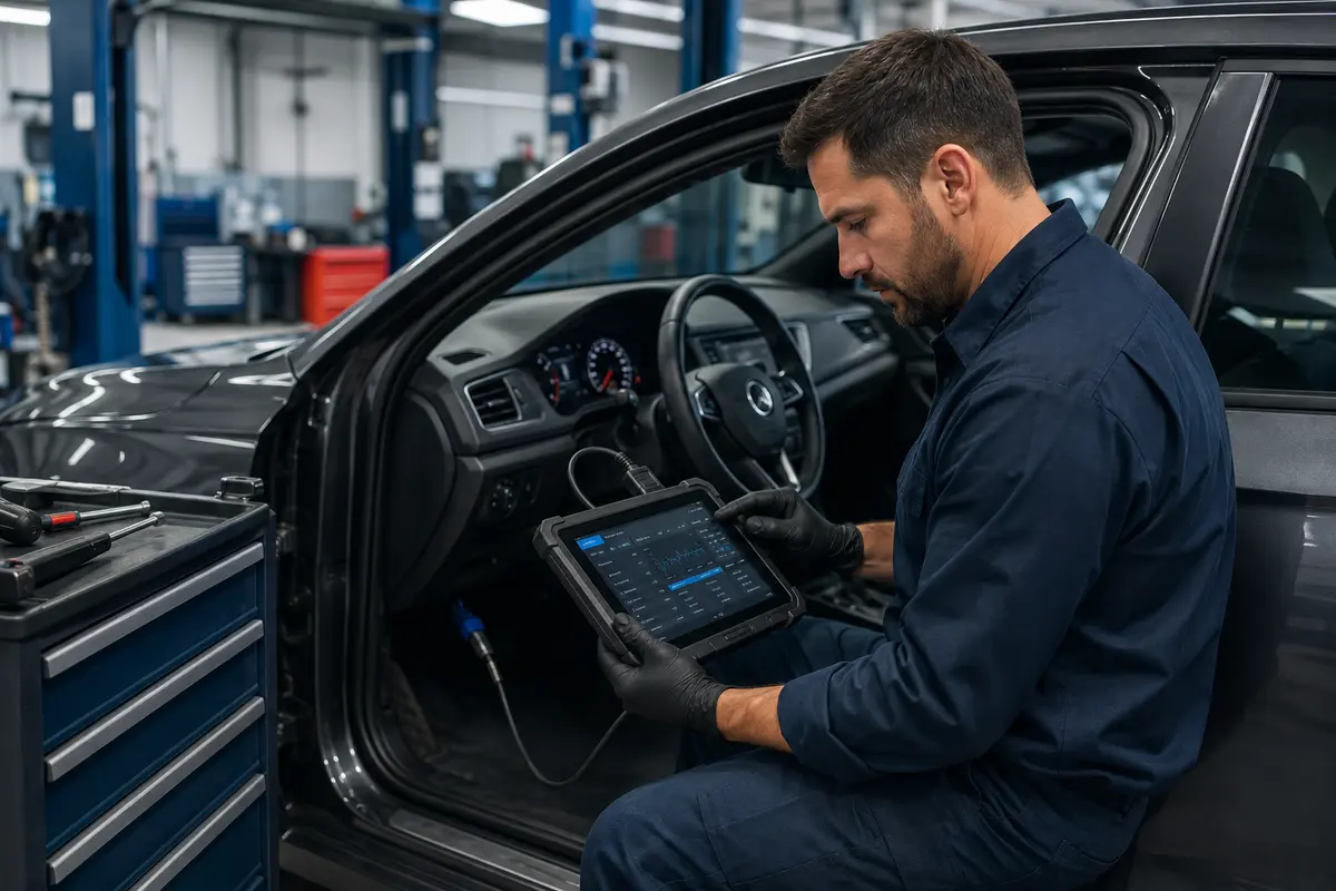 Technicien réalisant un diagnostic électronique avec une tablette professionnelle
